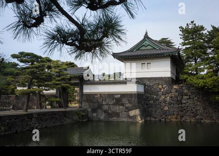 Tokio, Japan - 8. April 2025: OTE-Mon Gate (Tor zu den Ostgärten), eingerahmt von Kiefernästen, im Kaiserpalastkomplex. Stockfoto