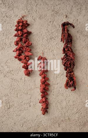 Getrocknete rote Chilischoten hängen an der rustikalen Wand, traditionelle kalabrische Küche und mediterrane Kultur. Stockfoto