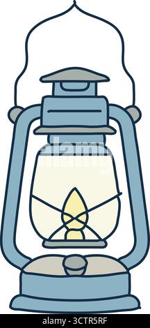 A classic camping lantern shows a protective cage glass chimney and fuel tank with carry loop Stock Vektor