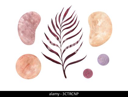 Eine Reihe von Aquarellelementen: Kreise, Flecken und ein Zweig in Pastelltönen mit Papierstruktur für Design und Dekoration Stockfoto