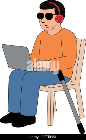 Ein sehbehinderter Mann sitzt auf einem Stuhl mit einem Laptop mit Kopfhörern und einem weißen Stock neben ihm, was für Zugänglichkeit und digitale Integration steht. Stock Vektor