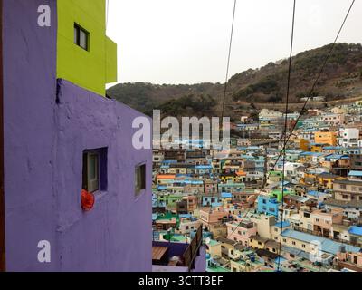 Purple and Green House mit Blick auf das Gamcheon Culture Village in Busan, Südkorea Stockfoto