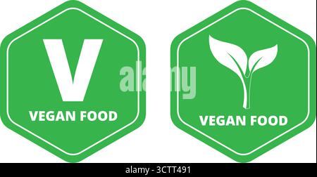 Grüne sechseckige vegane Lebensmittelaufkleber isoliert auf weißem Hintergrund Stock Vektor