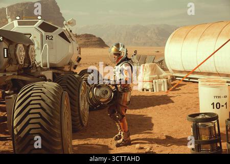 Der Martian ist ein Science-Fiction-Film von Ridley Scott aus dem Jahr 2015 aus einem Drehbuch von Drew Goddard. Der Film basiert auf dem gleichnamigen Roman von Andy Weir aus dem Jahr 2011 und wurde von 20th Century Fox vertrieben. Jessica Chastain, Jeff Daniels und Kristen Wiig Co-Stars mit Chiwetel Ejiofor, Sean Bean, Michael Peña, Kate Mara, Sebastian Stan und Mackenzie Davis in Nebenrollen Stockfoto