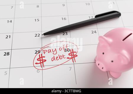 Eine pinkfarbene Schweinebank, ein Stift und ein Kalender mit dem Wort "Schulden abzahlen" und Dollarzeichen in Rot auf einem Datum. Finanzschulden, Kredite und Geldschulden Stockfoto