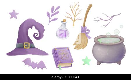 Aquarell-Flieder-Illustrationen eines Hexen-Halloween-Sets. Niedliche Kinderillustrationen. Stockfoto