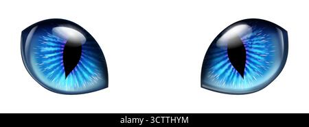 Ein Paar faszinierender hellblauer Katzenaugen mit vertikalen Pupillen und komplizierten Mustern in den Iris, auf weißem Hintergrund. Die glänzende Oberfläche Stock Vektor