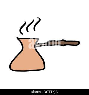Kupfertopf zur Kaffeezubereitung – Kaffeemaschine im türkischen Stil. Handgezeichnetes Objekt im Doodle-Stil. Einfaches isoliertes Objekt. Stock Vektor