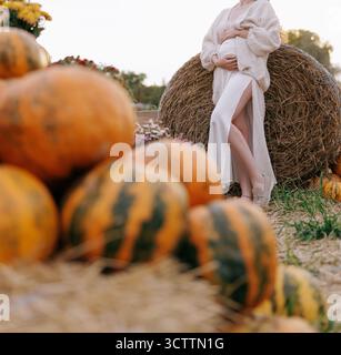Schöne schwangere Frau, die den Bauch während des Herbstes berührt, Foto-Shooting ländliche Lage vor dem Hintergrund von Heuballen und Kürbissen. Konzept Happy m Stockfoto
