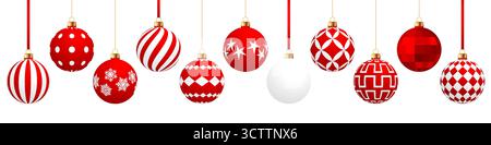 Rote Weihnachtskugeln Set, realistische Weihnachtskugel-Vektor-Sammlung auf isoliertem Hintergrund, hängende Ornamente verziert mit weißen Mustern und Rippe Stock Vektor