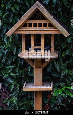 Unscharfer Hintergrund Baumpark Herbst Baum Vogelhaus für Vögel auf einem Baum Holz Vogelhaus aufgenommen mit einer Sony a6700 Kamera mit 100-mm-Makroobjektiv Stockfoto