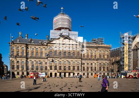 Amsterdam, Niederlande, 29. August 2025. Fassade des Königspalastes mit Gerüsten um die Kuppel während der Renovierung. Weitwinkelansicht, blauer Himmel und Stockfoto