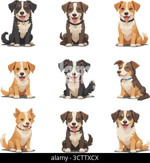 Set von niedlichen Cartoon Hunden sitzende Vektor Welpen Illustrationen Stock Vektor