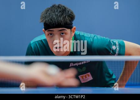Düsseldorf, Deutschland. Oktober 2025. Tischtennis: Medientag, deutsche Tischtennismannschaft bei der Europameisterschaft, deutsches Tischtenniszentrum: Dang Qiu beim Training. Quelle: Rolf Vennenbernd/dpa/Alamy Live News Stockfoto