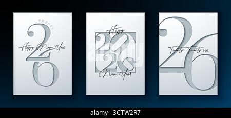 Minimalistisches Happy New Year 2026 Grußkarten-Design-Set mit ausgeschnittener Typografie-Nummer auf weißem Hintergrund. Logo Zur Weihnachtsfeier Stock Vektor