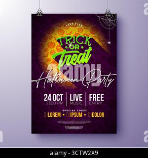 Halloween Party Flyer Illustration mit schaurigen gesichteten Kürbissen auf lila Hintergrund. Vektor Herbstferien-Design-Vorlage mit fliegenden Fledermäusen für Party Stock Vektor