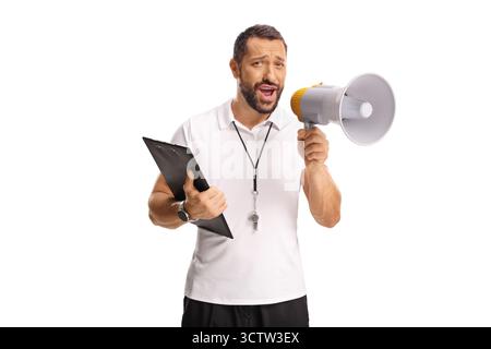 Sporttrainer mit einem Megaphon isoliert auf weißem Hintergrund Stockfoto