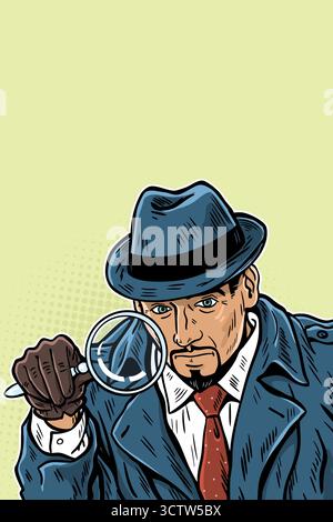 Vektorposter. Porträt eines männlichen Detektivs mit Hut und Grabenmantel, der eine Lupe hält. Handgezeichnete Pop-Art-Comic-Illustration mit Halbton b Stock Vektor