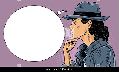 Vektor-Illustration einer nachdenklichen Detektivin im Profil, mit klassischem Hut und Trenchcoat. Pop-Art-Comic-Stil mit Halbtonhintergrund und Stock Vektor