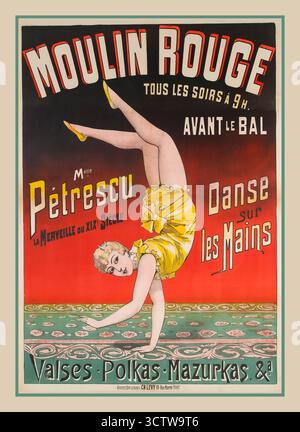 Vintage Paris Moulin Rouge Spektakel-Poster für die Show „Danse sur les Mains“ (Tanz auf Händen) im Moulin Rouge mit Miss Petrescu Color Lithografie. 1880-1900. Paris, Affiche pour le Spectacle 'Danse sur les Mains' au Moulin Rouge, avec Mlle Petrescu. Lithographie Couleur. 1880-1900. Paris, Frankreich „Moulin Rouge, Mlle Petrescu“. Lithographie, 1880-1900. Paris, Frankreich Stockfoto