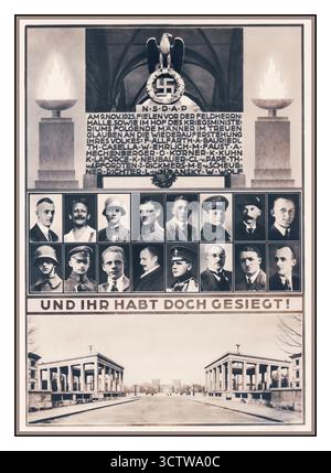 MÜNCHNER PUTSCH 1923 Nazi-Propagandakarte aus dem Dritten Reich - und doch haben Sie gewonnen. NS-D-A-P am 9. November 1923 fielen folgende Männer im Glauben an die Auferstehung ihres Volkes vor der Feldherrnhalle sowie im Innenhof des Kriegsministeriums: Die Feldherrnhalle, ein Denkmal in München, wo der Putsch in einer Konfrontation mit der Polizei endete. Denkmal in der Feldherrnhalle München, Deutschland, 1936. „Und du warst doch siegreich!“ Nazi-Deutschland Stockfoto