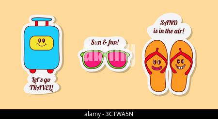 Eine Sammlung farbenfroher Aufkleber im Cartoon-Stil, darunter Gepäck, Sonnenbrillen und Flip-Flops. Sie sind ein Thema von Reisen, Urlaub und Sommerspaß. Stock Vektor