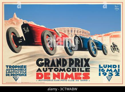 Vintage Grand Prix de Nimes 1932 Art Deco Poster der 1932 Ausgabe des Grand Prix des Nîmes Provence France Automobile Club & Moto Club du Gard Motor Racing Poster Vintage Historic 1930er Jahre Stockfoto