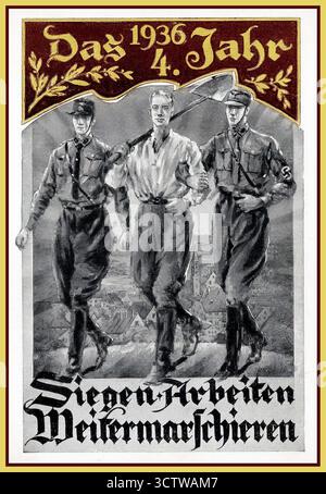 HITLERS GEBURTSTAGSKARTE wird kommerziell produziert und zeigt Nazi-Berliner Feierlichkeiten zu Hitlers Geburtstag im Jahr 1936. Siegen Arbeiten Weitermarschieren: Eroberungsarbeit auf SA-Propaganda-Postkarte. '1936 - Das 4. Jahr' Siegen - Arbeiten - Weitermachen. Ungebraucht die drei Männer auf dem Bild sind Mitglieder der SA (Sturmabteilung), auch bekannt als „Sturmtruppen“ oder „Brownshirts“, die der ursprüngliche paramilitärische Flügel der NSDAP war. Stockfoto