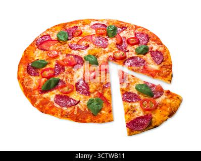 Leckere Pizza mit Peperoni und Tomaten Stockfoto