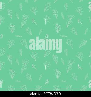 Nahtloses florales Frühlingsmuster mit Linienkunstblumen auf grünem Hintergrund Stock Vektor
