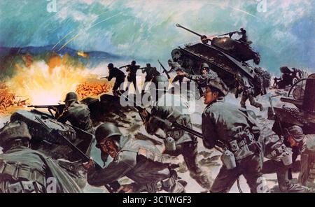 Eine Illustration, die von einem Poster der US-Armee abgeschnitten wurde, das die Schlacht von Chipyong-Ni darstellt, eine Auseinandersetzung während des Koreakrieges. Im Februar 1951 wurde das 23d Infanterie-Kampfteam der 2d Infanterie-Division mit französischen und niederländischen Einheiten abgeschnitten und im engen koreanischen Tal von Chipyong-ni von überwältigenden Streitkräften chinesischer Roten umgeben. Die Roten besetzten die kommandierenden Grate, während der amerikanische Kommandant Colonel Paul Freeman, der weit vor der allgemeinen Schlachtlinie isoliert war, einen Ring aus unteren Hügeln innerhalb des Tals benutzte Stockfoto