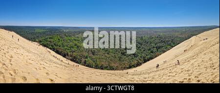 La Teste-de-Buch, Arcachon Bay, Frankreich - 9. Mai 2024: Panoramablick auf die riesige Düne von Pilat, die höchste Sanddüne Europas. Massives goldenes sa Stockfoto