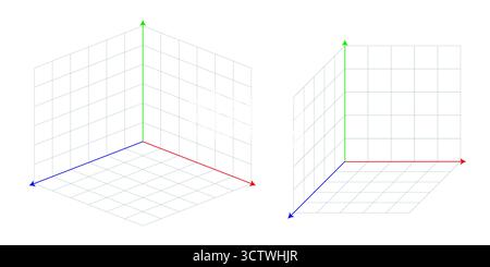 3D-kartesisches Koordinatenraster mit X Y Z-Achsen. Dreidimensionale mathematische System-Vektorillustration. Abstrakter geometrischer Drahtmodellhintergrund isoliert auf Stock Vektor