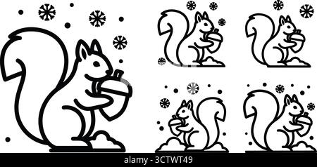 Eichhörnchen-Illustrationen mit Eicheln und Schneeflocken im Linienstil, die verschiedene Posen und Ausdrucksformen zeigen Stock Vektor