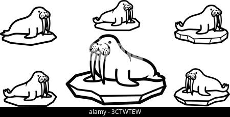 Eine Gruppe von Walrossen auf Eisschollen, eine Sammlung von Zeichnungen arktischer Meeressäuger Stock Vektor