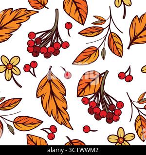 Nahtloses Vektormuster von vogelbeeren, Blättern, gelben Blüten, Zweig. Alle Objekte werden im Vektor handgezeichnet. Die Abbildung ist geeignet für Stock Vektor