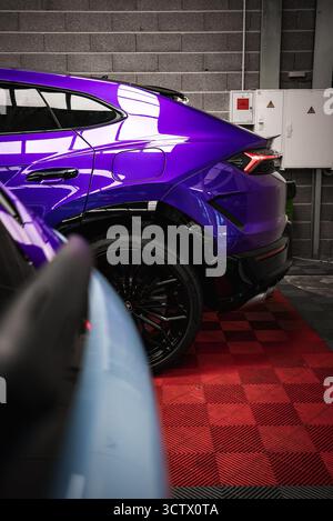 Nahaufnahme des Purple Lamborghini Urus in Indoor Showroom Setting Stockfoto