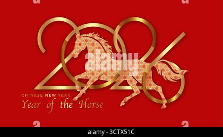 2026 Chinesisches Neujahr auf rotem Hintergrund. Das Jahr des Pferdes. Vektor Moderne Kunst Gold Zahlen Design für Cover, Karte, Poster, Banner, Logo Sternzeichen Stock Vektor