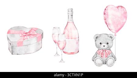 Romantisches Aquarellset aus herzförmiger silberner Geschenkbox, Rose Champagner Flasche und Glas, Teddybär Spielzeug mit Ballon. Perfekt für Valentinstag da Stockfoto