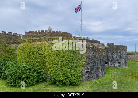Efeu-bedeckte Steinbastion von Deal Castle mit einer britischen Flagge an einem bewölkten Tag Stockfoto