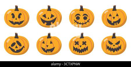 Halloween Jack-o-Laterne Kürbisse Gesichter Set. Vektor-Illustration der Halloween-Party. Gespenstische Kürbisse auf violettem Hintergrund. Illustration der Ferienwohnung. Stock Vektor