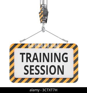 Schulungs-Schild, hängt am Kranhaken. 3D-Rendering isoliert auf weißem Hintergrund Stockfoto