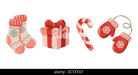 Winter-Set mit Socken, Geschenk, Zuckerrohr und Fäustlingen in roter Farbe. Hand gezeichnete Zeichentrickvektorillustration auf weißem Hintergrund. Stock Vektor