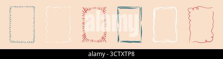Satz rechteckiger handgezeichneter Doodle Distress Grunge Rahmen. Kreide, Kohle, Bleistift, Pastell, Buntstift, skurrile, handgezeichnete Grenze. Wellige Muschel funky Sha Stock Vektor
