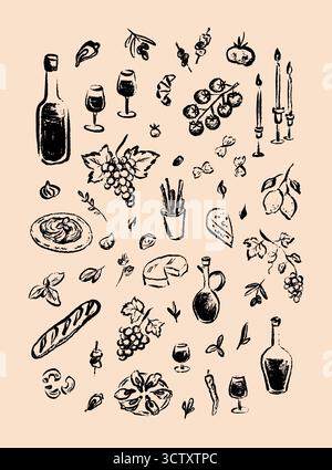 Handgezeichneter, rauer Holzkohlewein und mediterrane Essenselemente. Minimalistische Kunst-Kritzelvektor-Illustration. Griechische, spanische und französische Fischrestaurants Stock Vektor