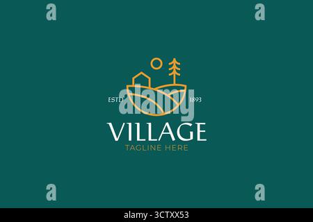Village Logo, Ländliche Landschaft, Abzeichen Mit Abstrakter Ansicht, Simply Linear Style Stock Vektor