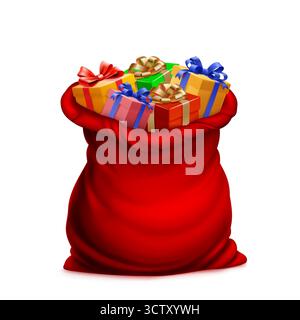 Leuchtend roter Sack mit verschiedenen Geschenkboxen und Schleifen auf weißem Hintergrund in realistischem digitalen Kunststil. Stock Vektor