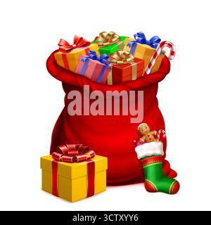 Lebendige, festliche Illustration mit einem roten Sack voller Geschenke und einem Weihnachtsstrumpf daneben. Stock Vektor