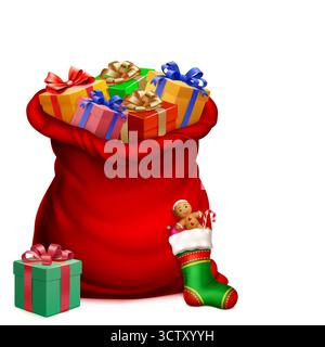 Ein lebendiger, digital illustrierter roter Sack voller farbenfroher Geschenke, begleitet von einem grünen Weihnachtsstrumpf auf weißem Hintergrund. Stock Vektor