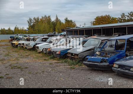 Alte, rostige Autos auf dem Schrottplatz. Stockfoto